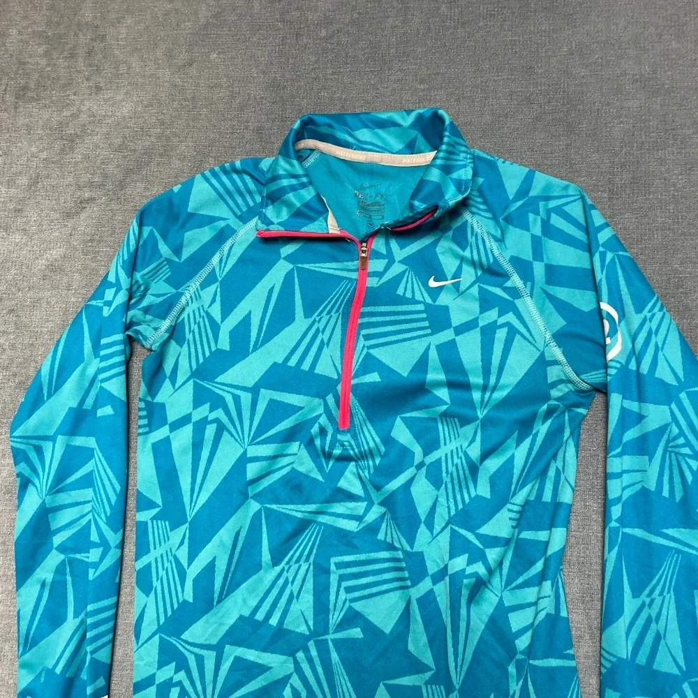 Nike Dri Fit Running Shirt Womens Medium Blue Long Sleeve Activewear Quarter Zip